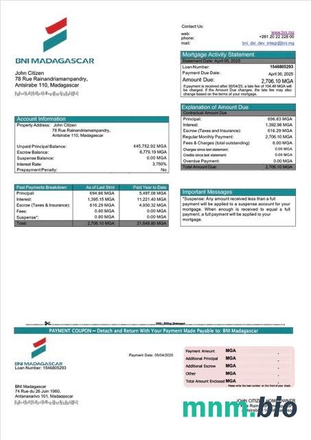 Madagaskar BNI Madagascar wyciąg z kredytu hipotecznego szablon Word i PDF